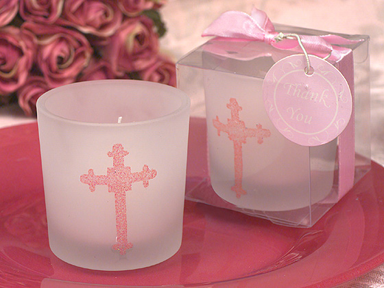 Blessed Events Cross Design Candle Holder -Round with Pink Glitter