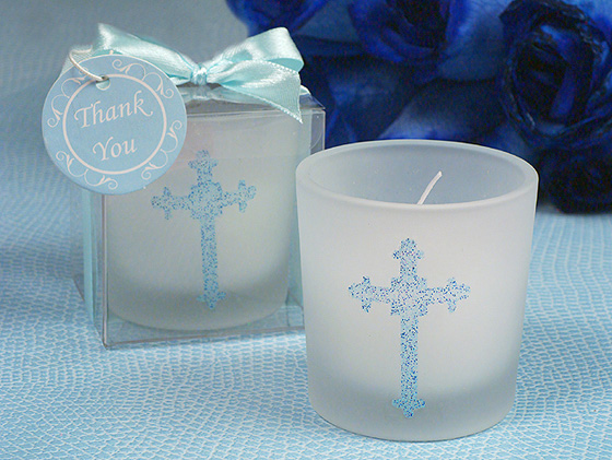 Blessed Events Cross Design Candle Holder -Round with Blue Glitter