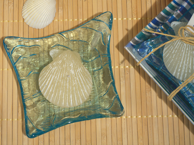 Blue glass candle holder with Seashell candle