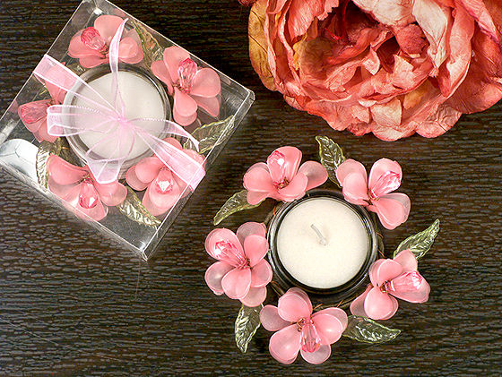 Elegant Frosted Pink Glass Flower Candle Holder