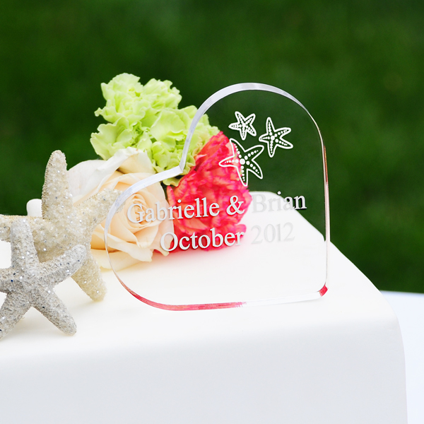 Beach Wedding Acrylic Heart Cake Topper