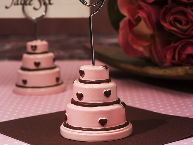 Pink And Brown Hearts Accented Wedding Cake Place Card Holder