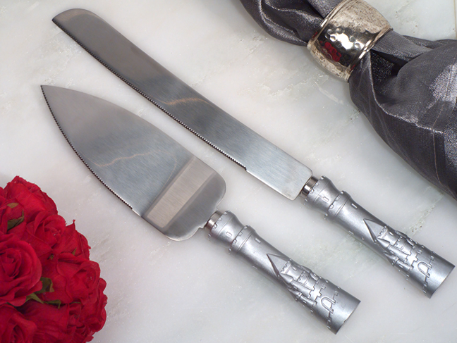 Silver Castle Cake And Knife Server Set