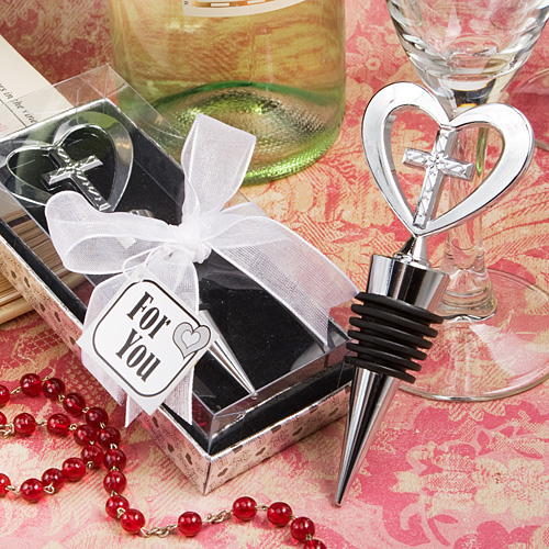 Elegant heart and cross design wine bottle stopper favors