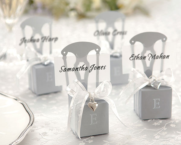 Miniature Silver Chair Favor Box w/  Heart Charm & Ribbon (Set of 12)
