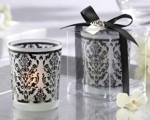 "Damask Traditions" Frosted Glass Tea Light Holder with Kate Aspen Signature Charm (Set of 4)