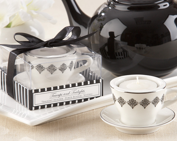 "Teacups and Tealights" Ceramic Teacup Tealight Holder with Black-Damask Design