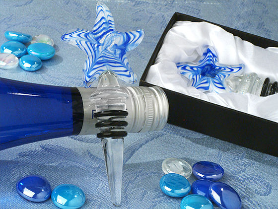 Murano Art Deco Collection Starfish Wine Stopper -Blue & White Swirl