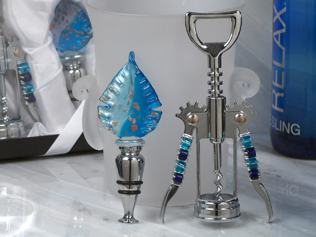 Murano Art Deco Collection Wine Opener And Wine Stopper Set
