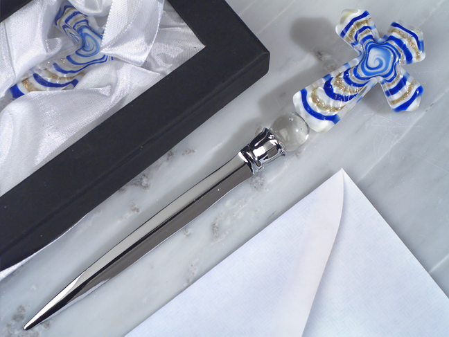 Murano Art Deco Collection Letter Opener Blue Glass Cross
