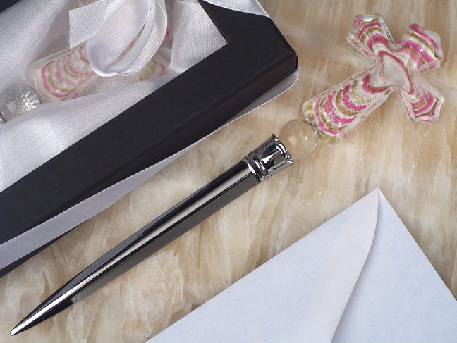 Murano Art Deco Collection Letter Opener Pink Glass Cross
