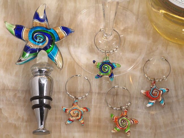 Murano Art Deco Combination Set Starfish Stopper And Wine Charms