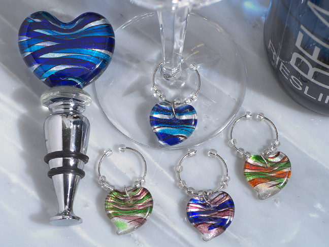 Murano Art Deco Combination Set Heart Stopper And Wine Charms