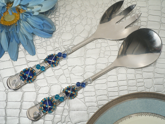 Murano art deco Salad server set with blue beads