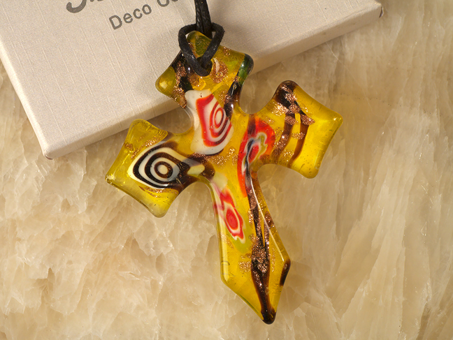 Murano Art Deco Yellow And Red Swirl Glass Cross