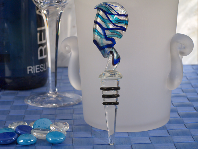 Murano Art Deco Swirl Design Stopper Blue And Silver Colors