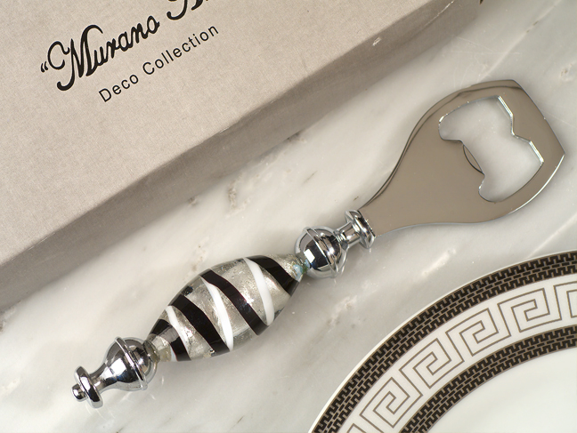 Murano Art Deco Bottle Opener Silver And Black Glass Bead