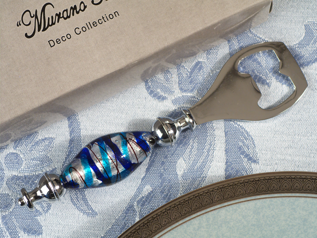 Murano Art Deco Bottle Opener Blue And Silver Glass Bead