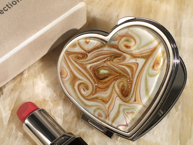 Murano Art Deco Heart Compact Mirror Golden Brown Glass