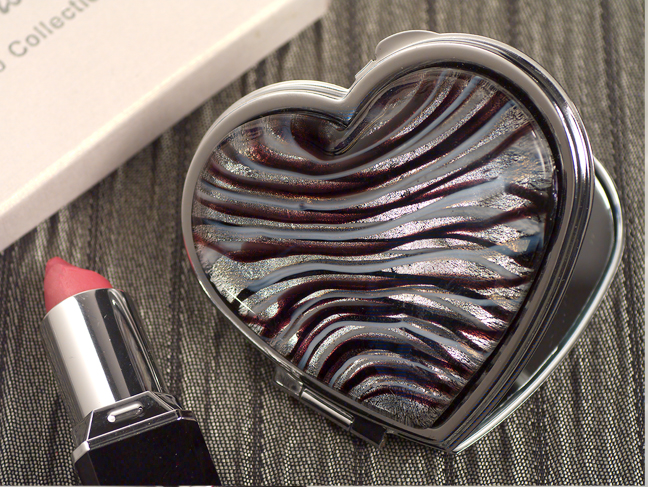 Murano Art Deco Heart Compact Mirror Silver And Burgundy Glass