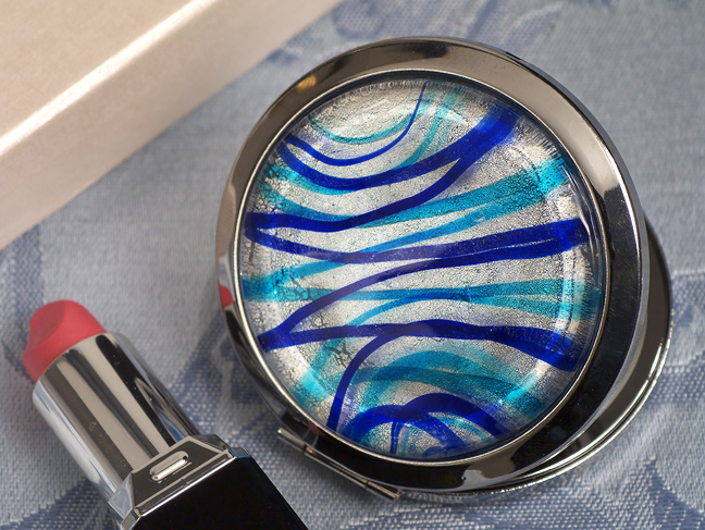 Murano Art Deco Round Compact Mirror Silver And Blue Colored Glass