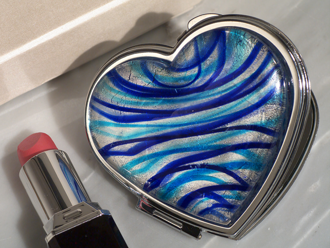 Murano Art Deco Heart Compact Mirror Silver And Blue Colored Glass