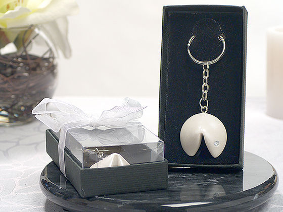 Fortune Cookie Keychain Pearl White W/ Crystal
