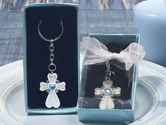 White Cross Keychain With Blue Crystals
