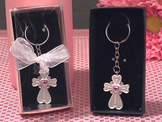 White Cross Keychain With Pink Crystals