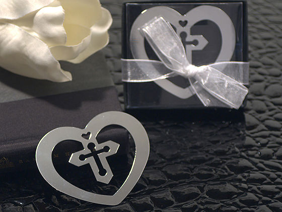Heart Shaped Chrome Metal Bookmark With Cross