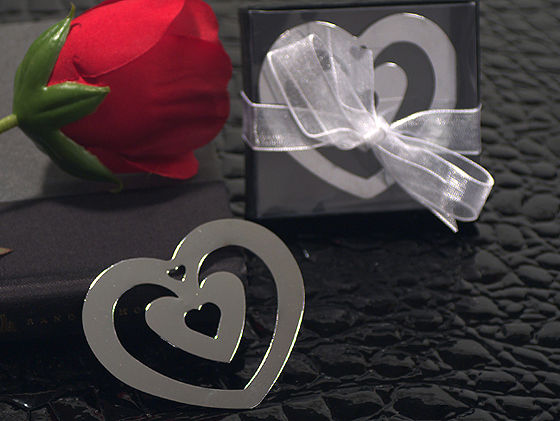 Double Heart Shaped Chrome Metal Bookmark With Heart Cut Out