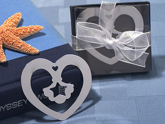Heart Shaped Chrome Metal Bookmark W/ Scalloped Sea Shell Design & Star Cut Out