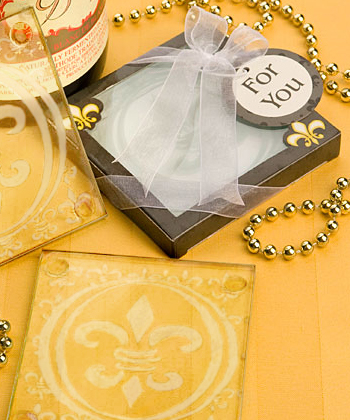 Fleur de lis design glass coaster set favors