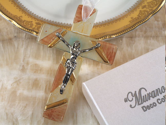 Murano Art Deco Glass Cross In Brown And Gold Colors