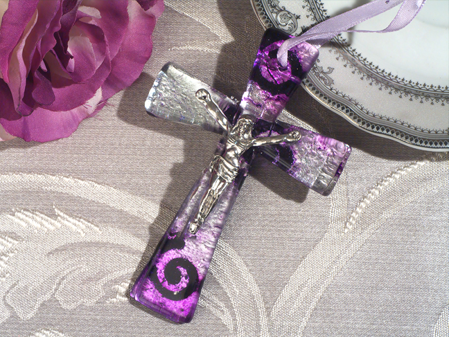 Murano style cross collection lilac and silver swirl design with Christ
