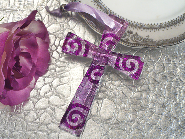Murano style cross collection lilac and silver swirl design