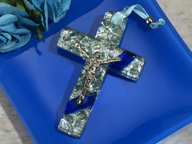 Murano art deco cross collection blue and silver pebble design