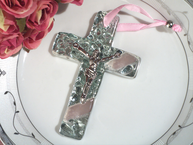 Murano art deco cross collection pink and silver pebble design