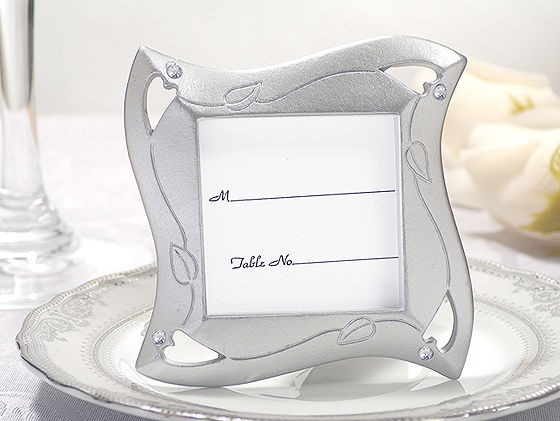 Silver Place Card Frame W/ Heart Cut Outs And Crystals