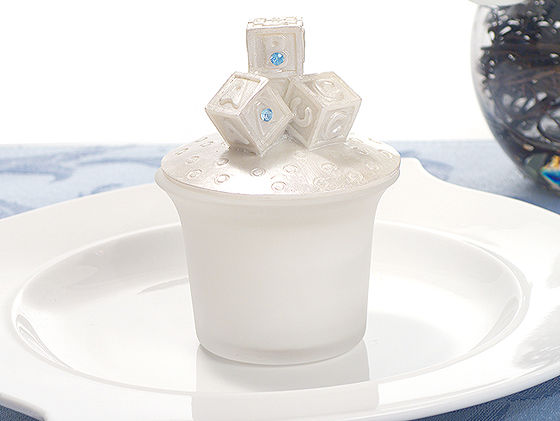 Glass Candle W/ Abc Blocks Top  W/ Blue Crystals