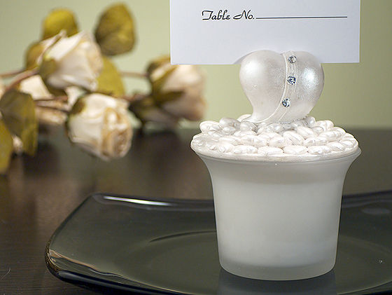 Glass Candle / Place Card Holder W/ Hearts Top W/ Clear Stones