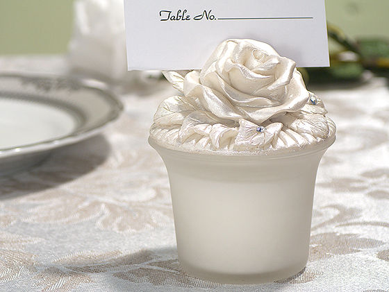 Glass Candle/Place Card Holder W/ Rose Top Pearl White