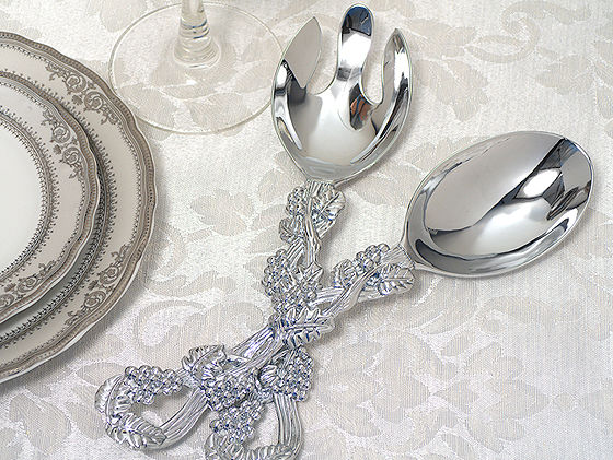 Signature Collection By Cassiani Chrome Salad  Server Set With Grapes Design