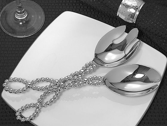 Signature Collection By Cassiani Chrome Salad  Server Set With Beaded Design Handle