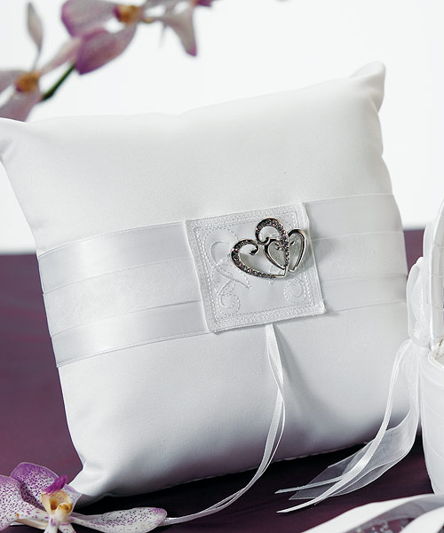 Classic Double Heart Square Ring Pillow - White