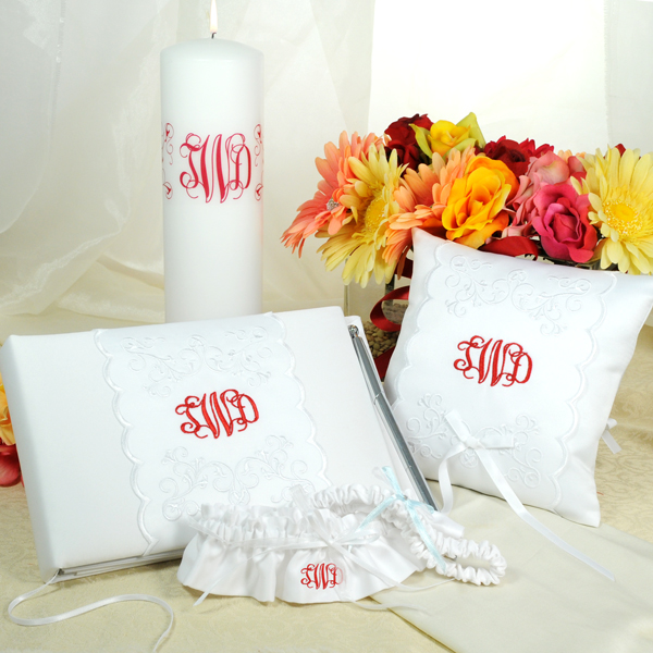 White Monogram Elite Guest Book, Pen & Ring Pillow Set