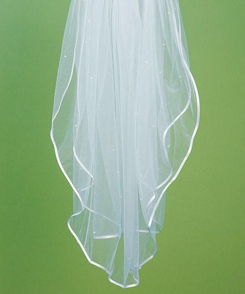 Satin Ribbon Edge & Scattered Pearl Border Veil - Ivory