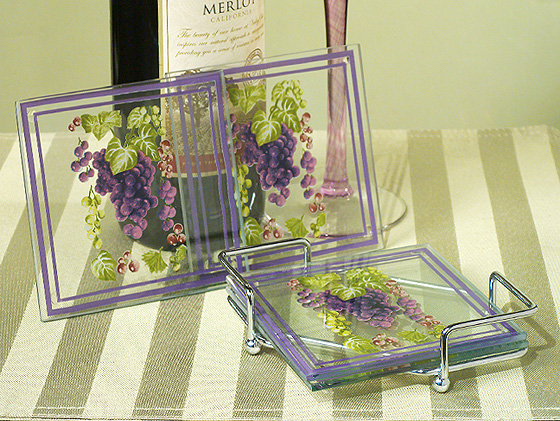 Europa Collection Glass Coasters With Grapes Design In Metal Rack.