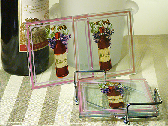 Europa CollectionGlass Coasters With Red Wine Design In Metal Rack.