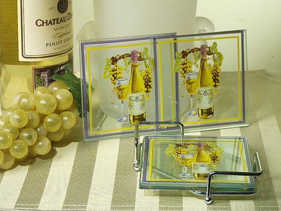 Europa Collection Glass Coasters With White Wine Design In Metal Rack.